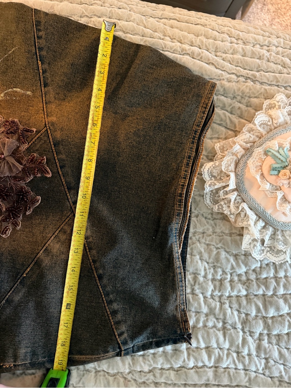 Denim Lace Floral Appliqué Skirt - Picture 8 of 11